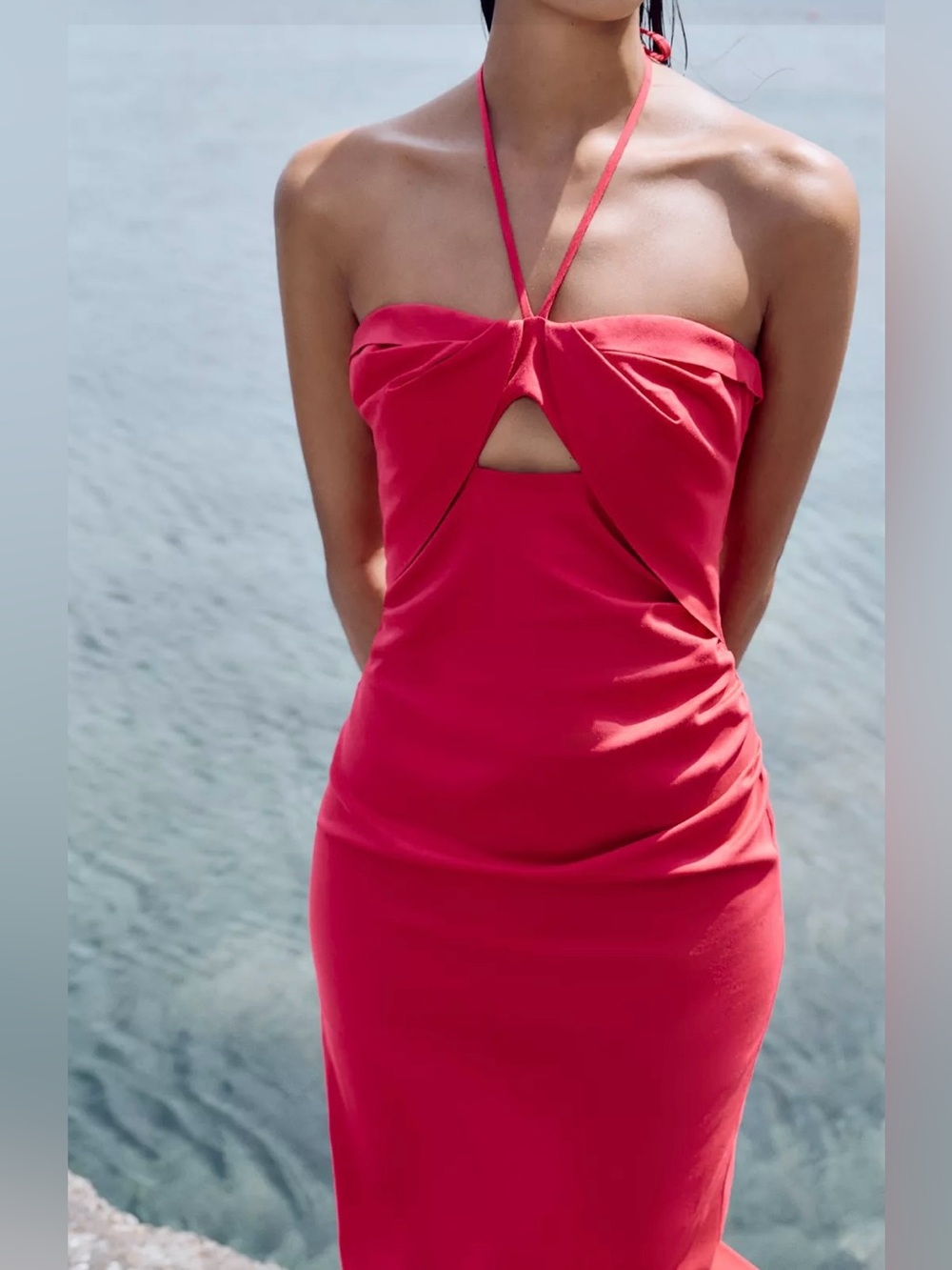Zara Strapless Red Halter Midi Dress with Front Cutout - Picture 4 of 8